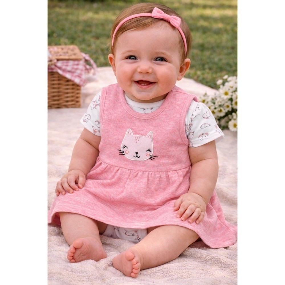 Bumble & Birdie Baby Girl 2pc Jumper Dress & Bodysuit Set Pink Cat 6M AOP layers
